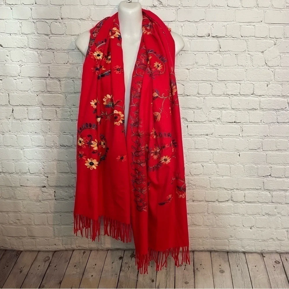 Red Embroidery Floral Flower Cashmere Long Fashion Scarf Wrap